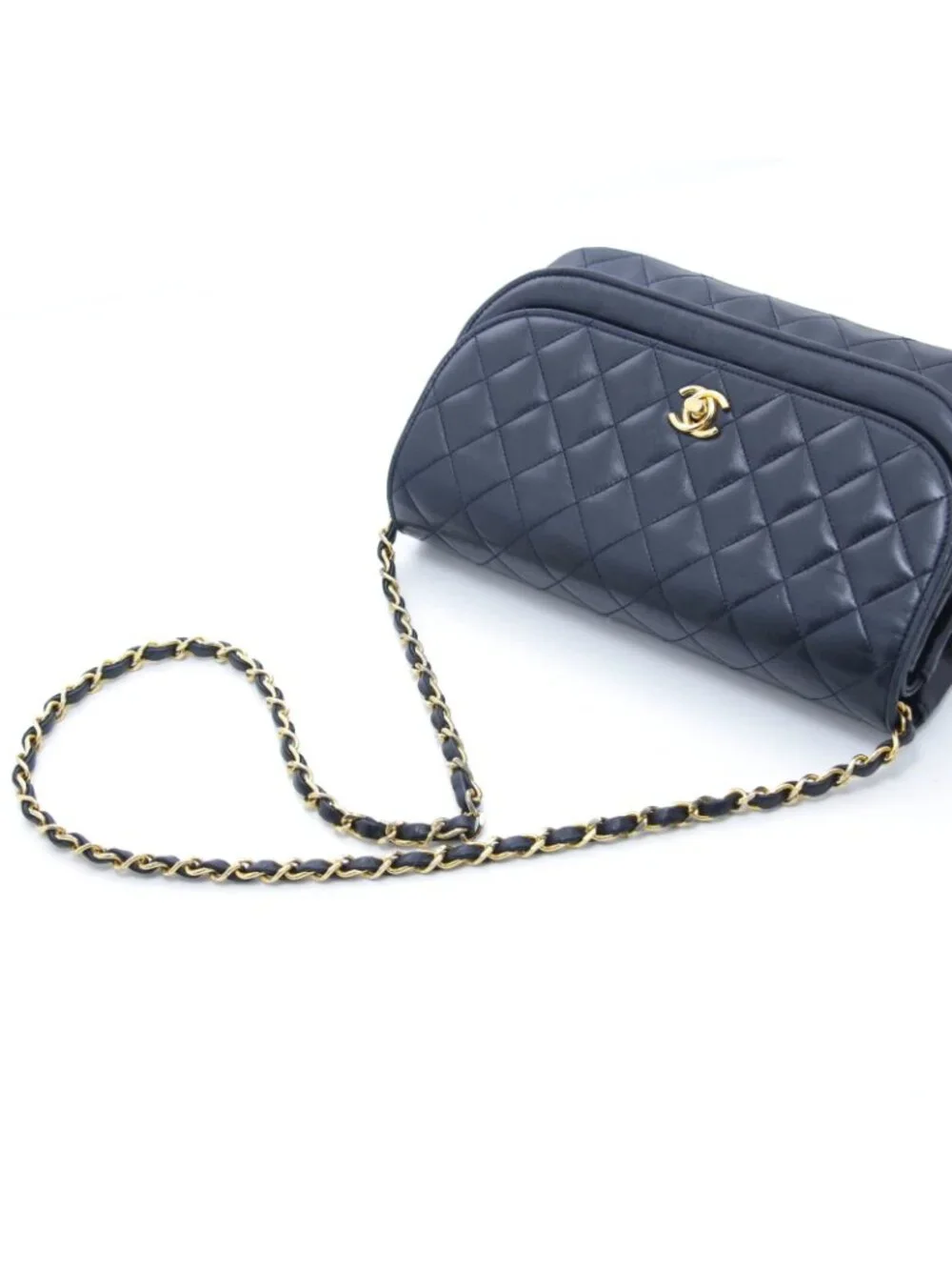 Chanel Quilted Half Moon Double Flap Chain Shoulder Navy Bag Lambskin